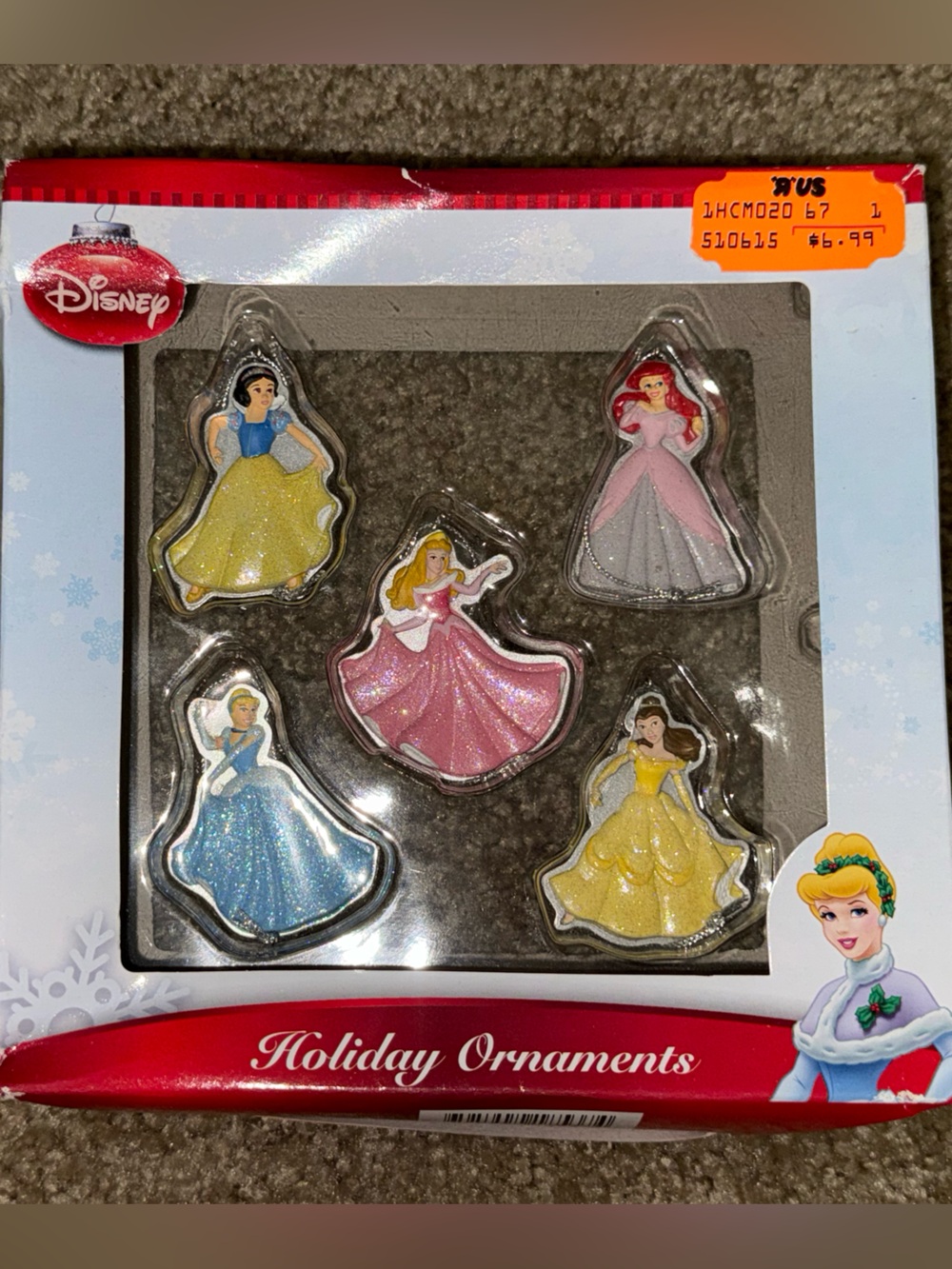 Disney Princess Holiday Ornament Set Glitter Christmas Ornaments 5 Pc New in Box